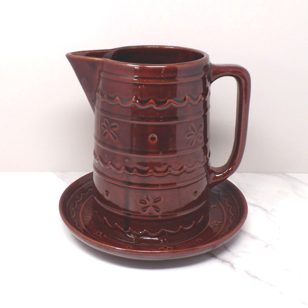 Vintage Marcrest Ceramic Pitcher and Underplate, Brown Daisy and Dot (1950s)